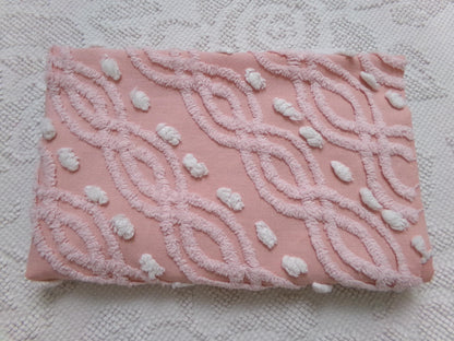 Vintage Chenille Bedspread Fabric Cottage Pink White Eternity Link 18x24"
