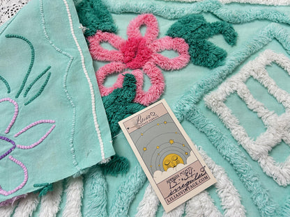 Seafoam Green Vintage Chenille Fabric, Plush Tropical Flowers 13x34" Piece