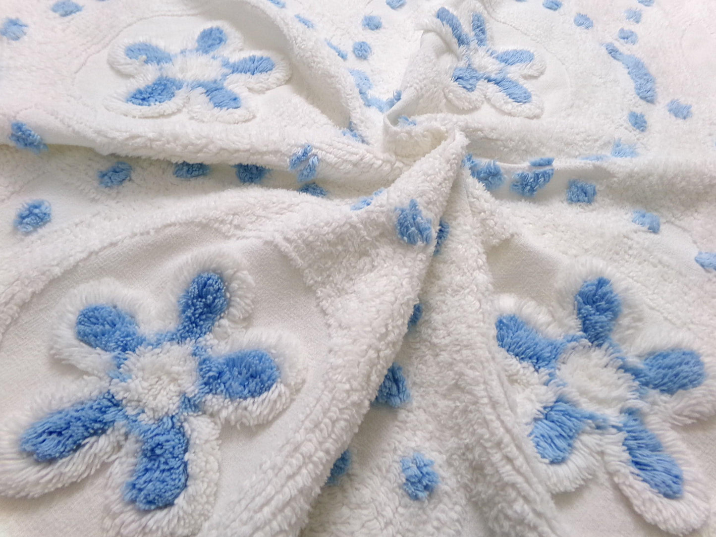 Boho Coastal Vintage Chenille Bedspread Fabric, Blue Circle Dot Flowers 24" x 20" Piece