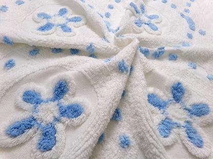 Boho Coastal Vintage Chenille Bedspread Fabric, Blue Circle Dot Flowers 24" x 20" Piece