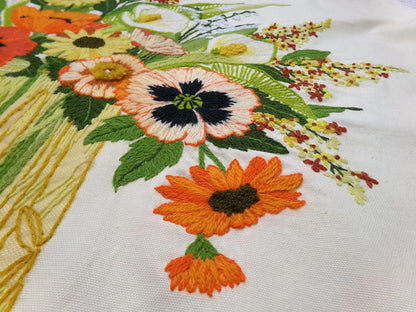 Boho Autumn Bouquet Finished Crewel Embroidery, Vintage Paragon Needlecraft 0408, Floral Wall Art