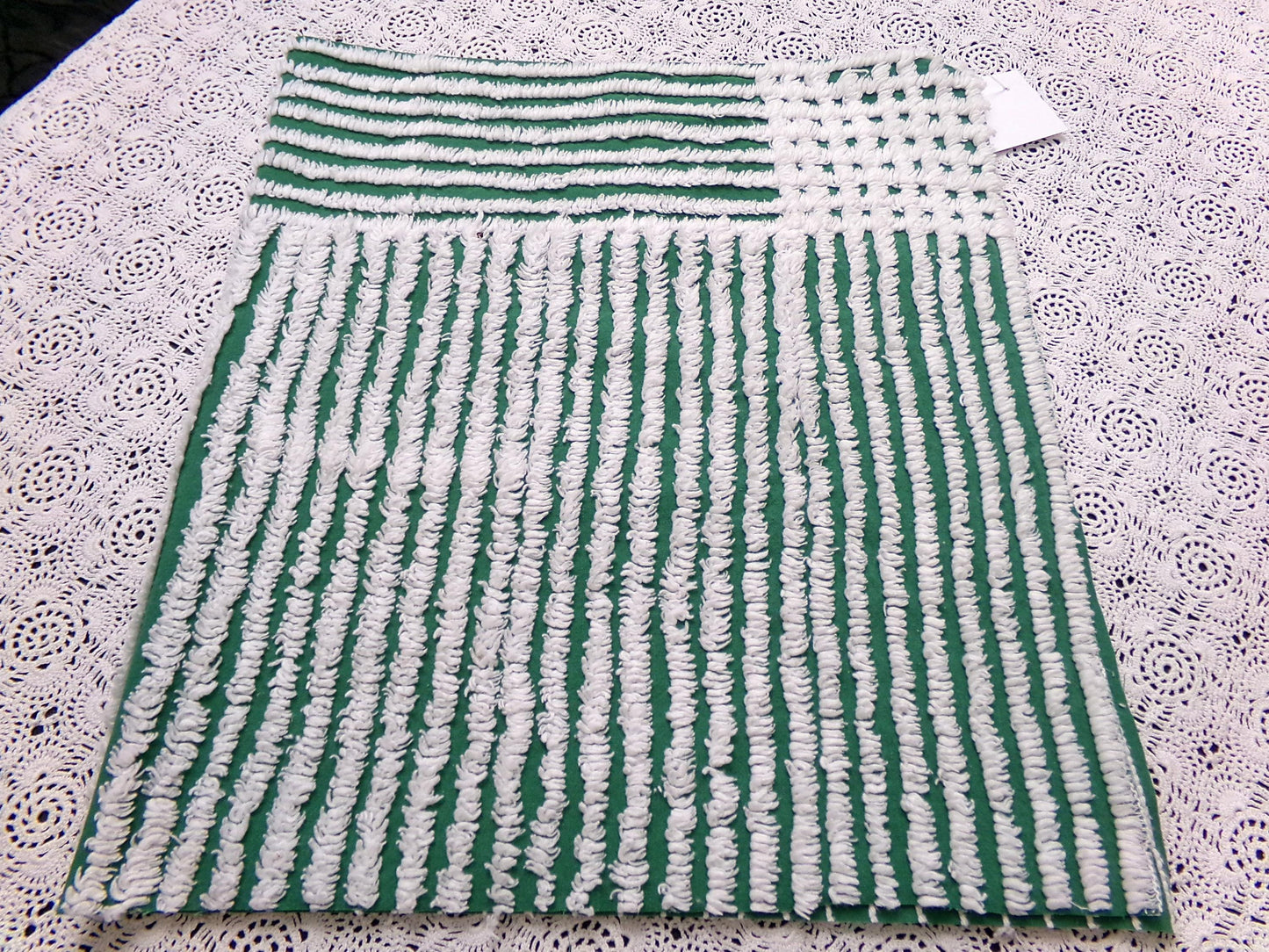Evergreen & Snow White Vintage Chenille Bedspread Fabric, Geometric Stripes 15" x 27" piece