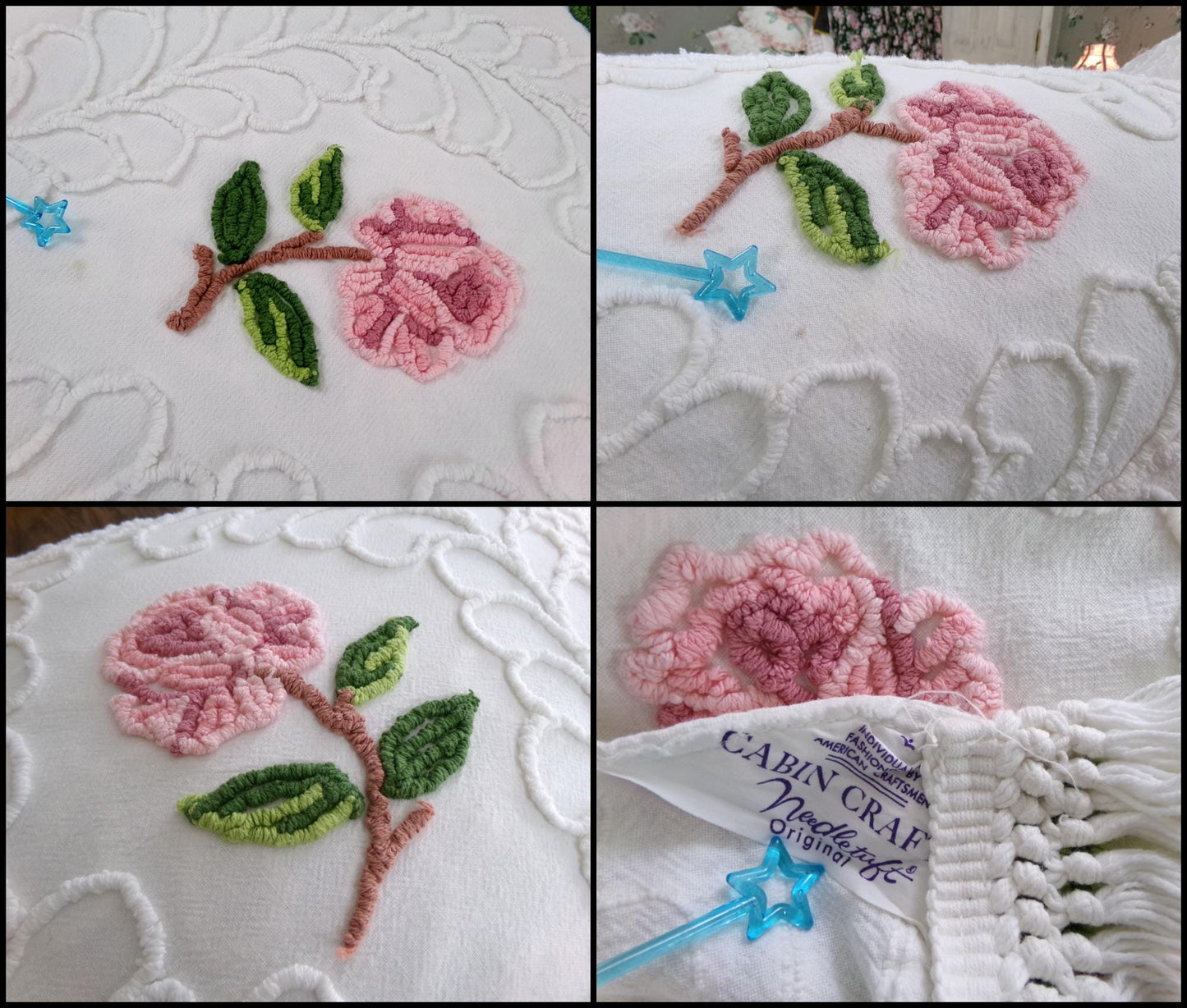 Pink Rose Vintage Chenille Bedspread, White Cotton Full Size Bedding, Accent Fringe