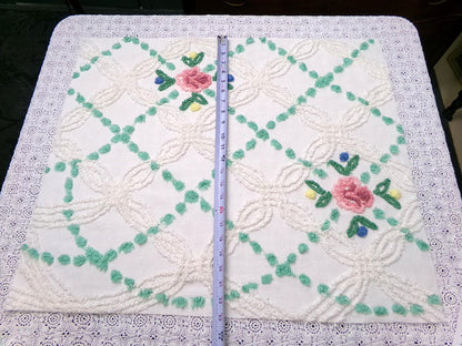 vintage chenille bedspread fabric cottage style pink rose jade green pops 26x22"