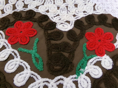 Rich Chocolate Vintage Chenille Bedspread Fabric Cherry Red Flowers 20x24"
