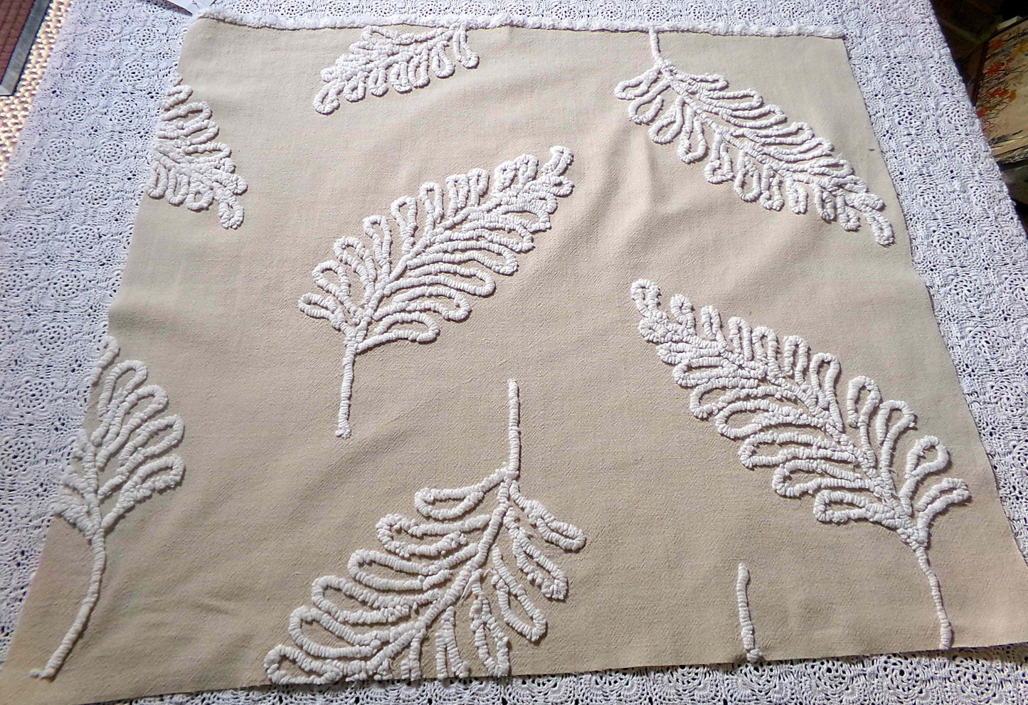 falling leaves vintage chenille fabric, 24" x 21" inch piece, simple shabby needletuft large leaf design on mocha cotton