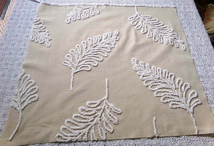 falling leaves vintage chenille fabric, 24" x 21" inch piece, simple shabby needletuft large leaf design on mocha cotton