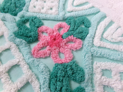 vintage seafoam chenille bedspread fabric, plush peacock feathers & tropical florals, 19" x 26" piece