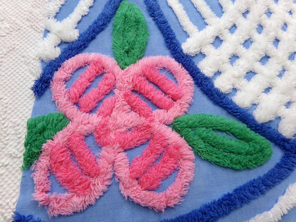 Vintage Chenille Fabric, Waterfall Blue & White Tropical Florals, 20" x 27" Cut Piece