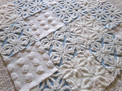 Breezy Blue & White Chenille Fabric Squares Set, 16 Vintage Quilt Blocks, 6" x 6" inches each, for Quilting, Sewing, DIY Pillows