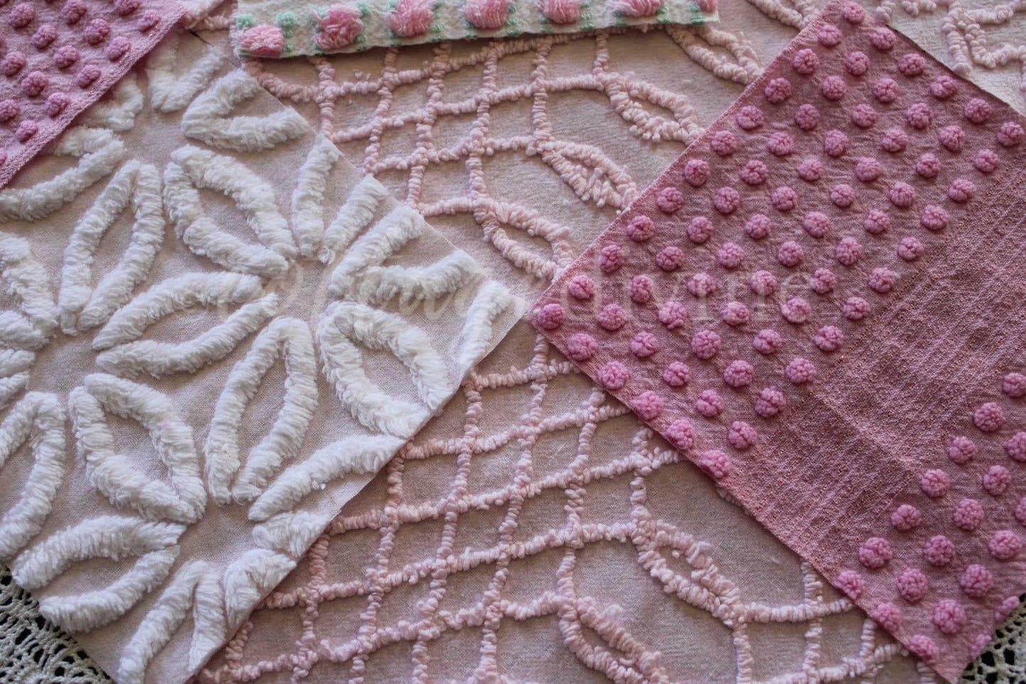 Prettiest Pink Quilt Squares, Daisy Rose Craft Square Set from Vintage Chenille Bedspread Fabric, 17 Blocks, 6" x 6" inch