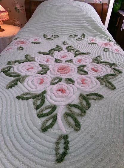 Luxury Vintage Chenille Bedspread, Tufted Cottage Roses on Mint Green, Full Size Boxed & Fitted Design with Integrated Skirt