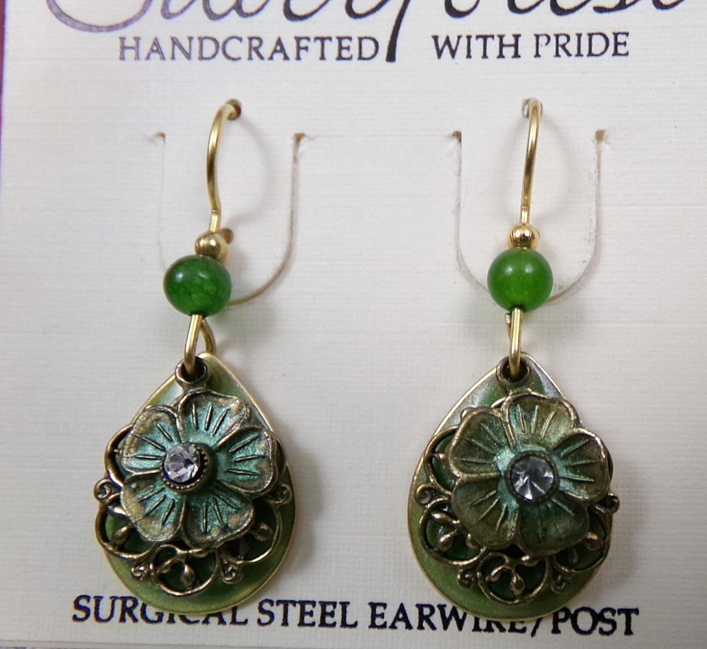 Silver Forest Dangle Earrings Vintage Style Layered Green Jade Bead Flower Teardrop