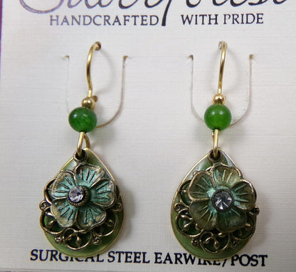 Silver Forest Dangle Earrings Vintage Style Layered Green Jade Bead Flower Teardrop
