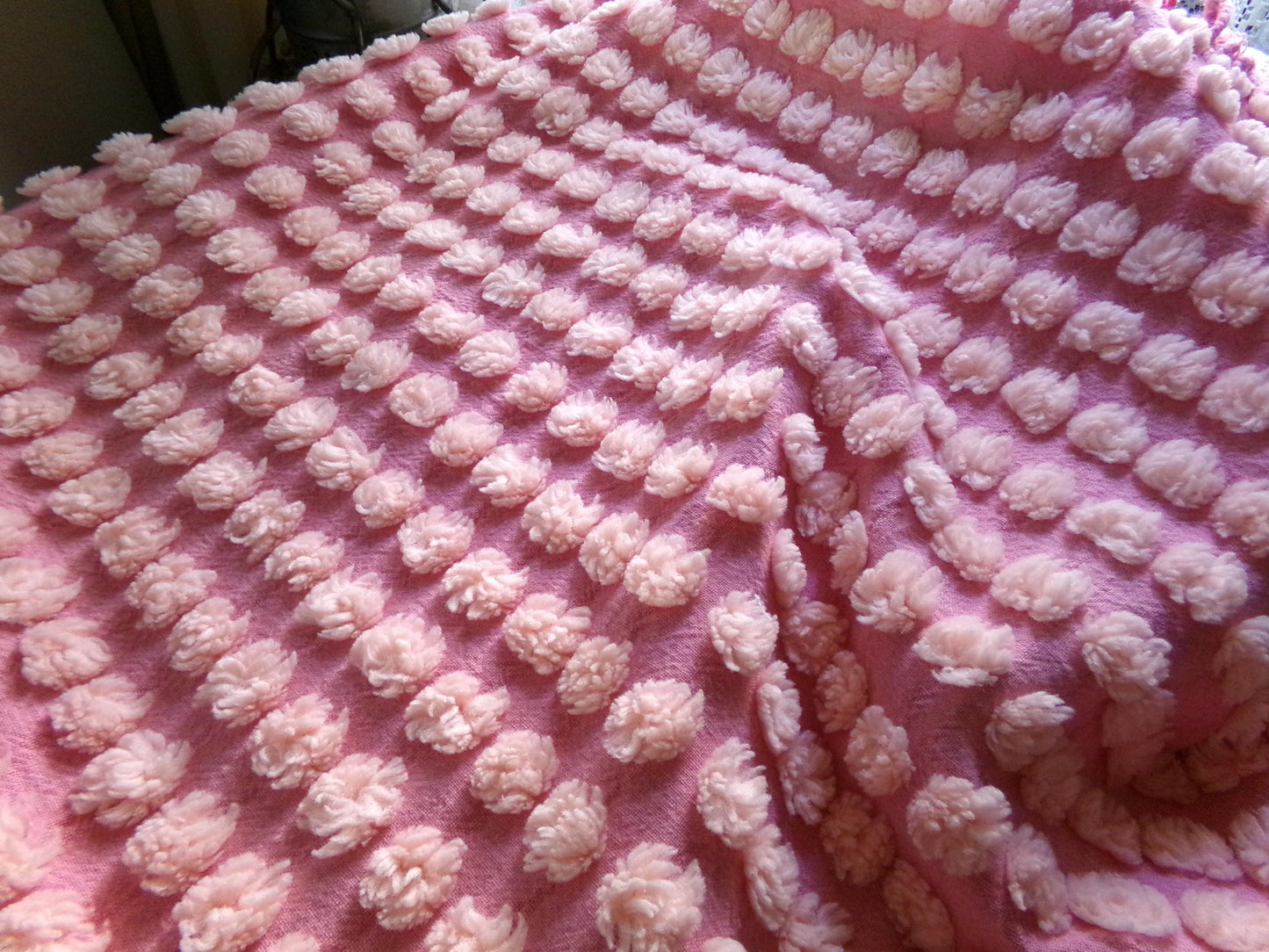 fluffy puff pops chenille fabric, sweet oversize bobbles on pink rose, 20" x 24" inch piece great for chenille quilts & sewing projects