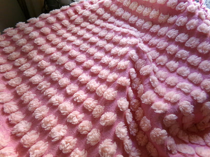 fluffy puff pops chenille fabric, sweet oversize bobbles on pink rose, 20" x 24" inch piece great for chenille quilts & sewing projects