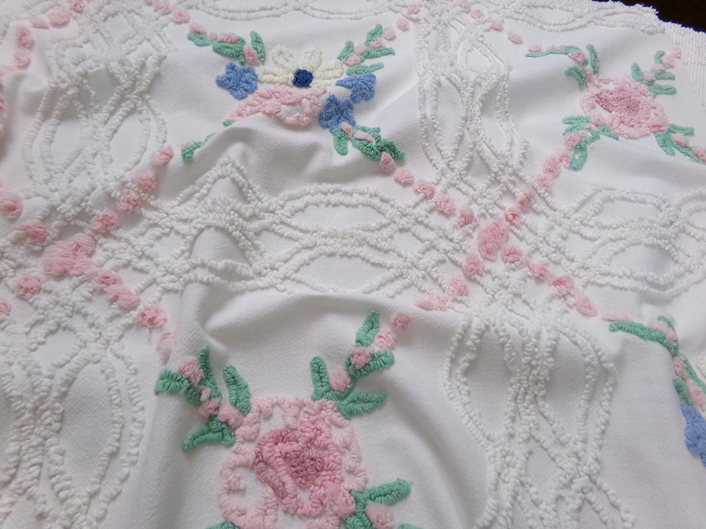 Shabby Wildflowers Vintage Chenille Fabric, pink rose floral sewing material, 20" x 32"