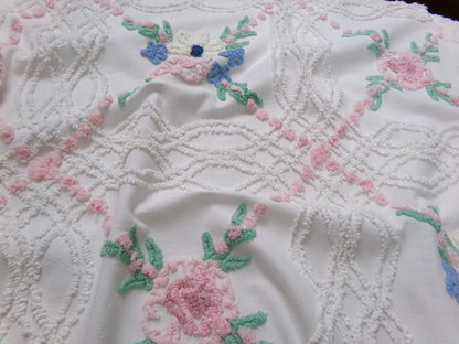 Shabby Wildflowers Vintage Chenille Fabric, pink rose floral sewing material, 20" x 32"