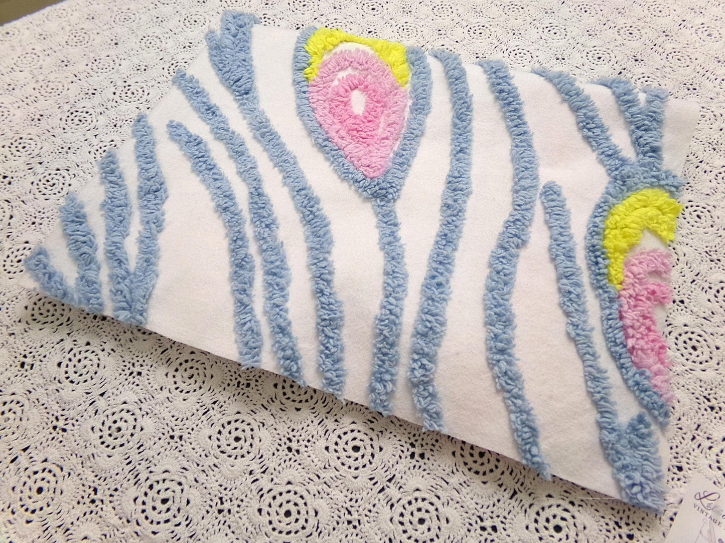 vintage style chenille bedspread fabric boho peacock feathers pink blue 19x26"