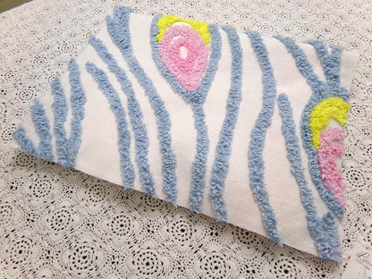 vintage style chenille bedspread fabric boho peacock feathers pink blue 19x26"