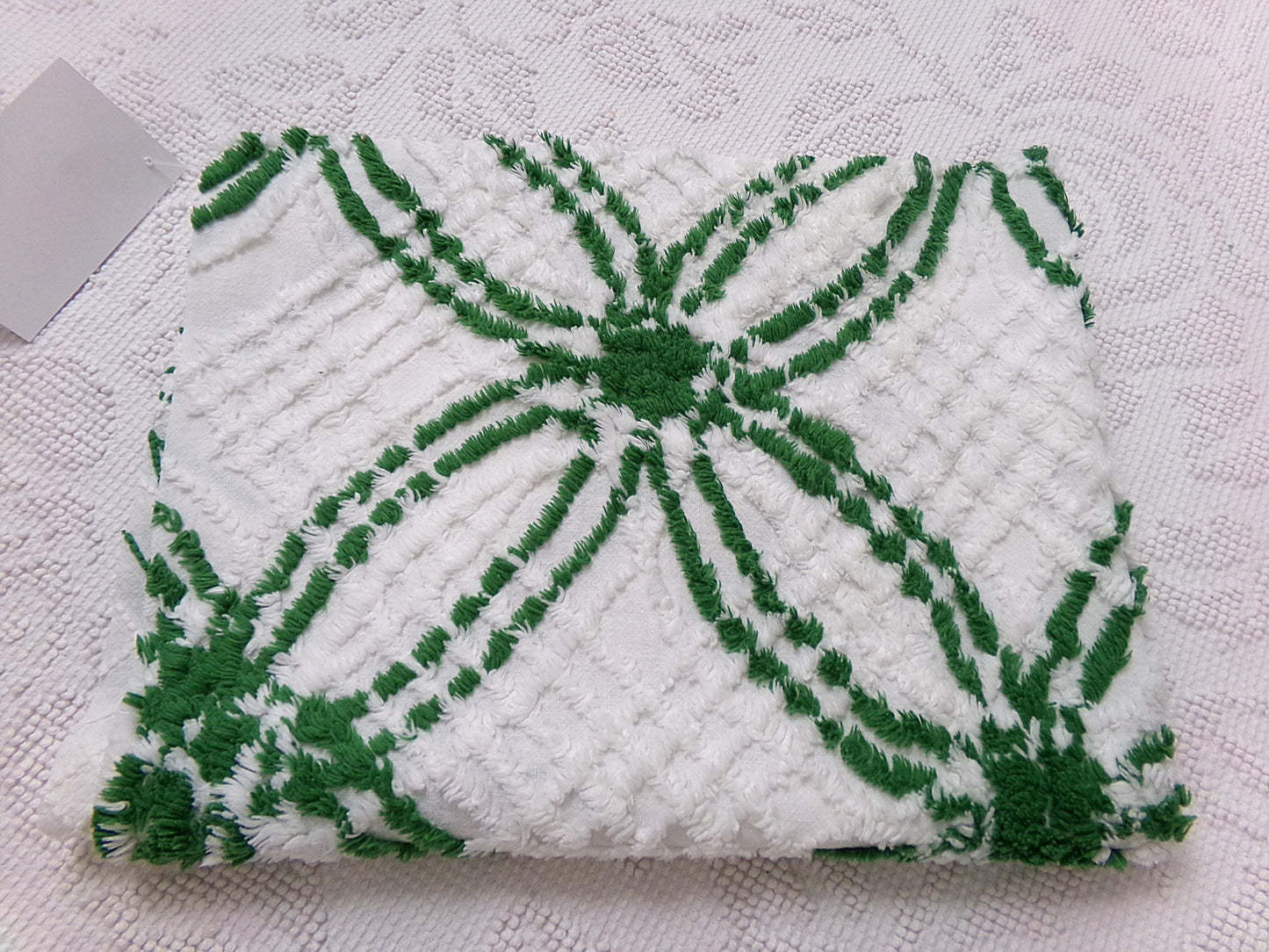 Vintage Green White Chenille Fabric Piece, Interlocking Geometric 18x24" Quilt Material