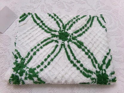 Vintage Green White Chenille Fabric Piece, Interlocking Geometric 18x24" Quilt Material