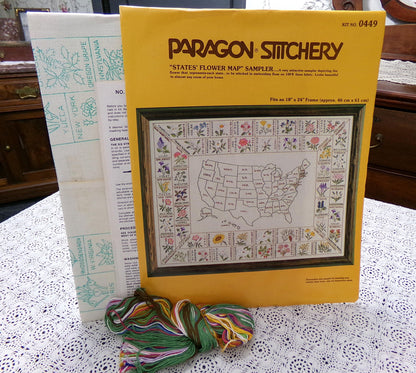 STATES' FLOWER MAP Sampler Vintage Paragon Crewel Embroidery Kit 0449 50 United States Floral Stitchery