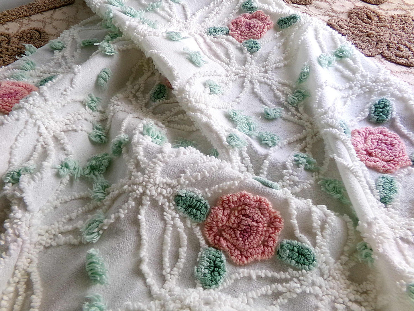 Pink Rose Garden Vintage Chenille Fabric, 18" x 25" Piece, Lovely Pink Florals in White Wedding Rings with Green Pops, 100% cotton material