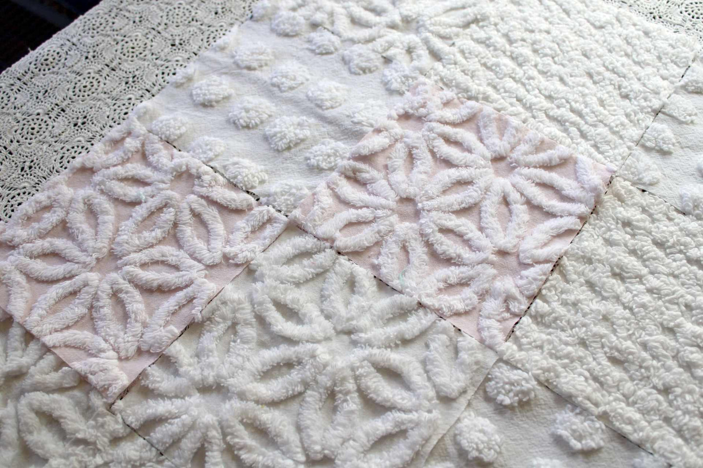 Baby's Breath Chenille Fabric Squares Set in White & Pink, Cut from Vintage Chenille Bedspread Material, 16 Blocks, 6" x 6" inch each