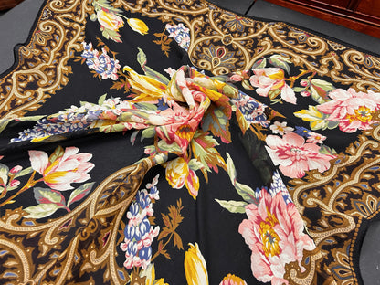 Vintage Ralph Lauren Sheer Scarf Black Floral Tulips Peonies Paisley Border