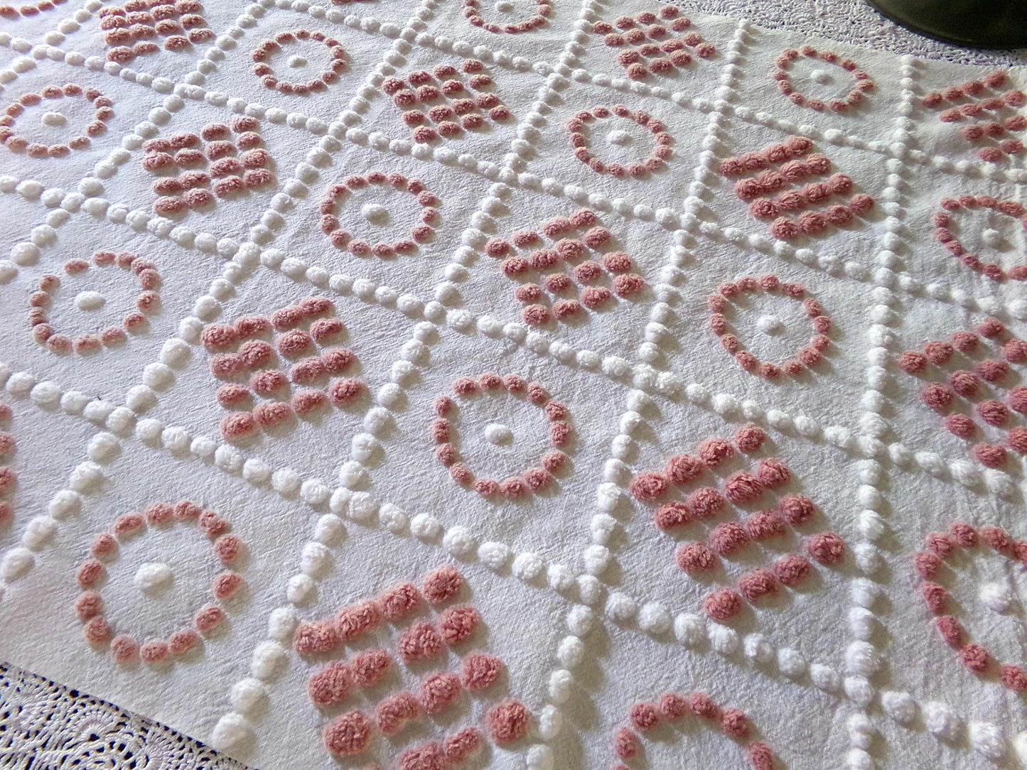 Checkerboard Circle Square Pops Chenille Fabric, 26" x 19" piece, Handmade Vintage Textile for Quilting, DIY Pillows, Fiber Arts & Crafts