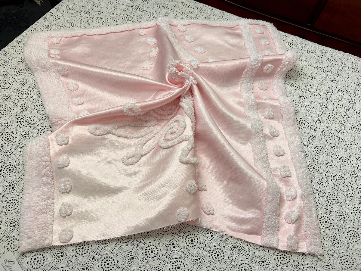 Pink Satin Vintage Fabric, Shabby Tufted Chenille 24x23" Sewing Craft Textile