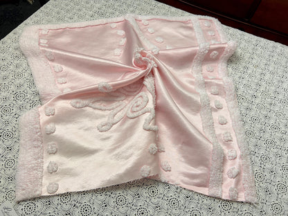 Pink Satin Vintage Fabric, Shabby Tufted Chenille 24x23" Sewing Craft Textile