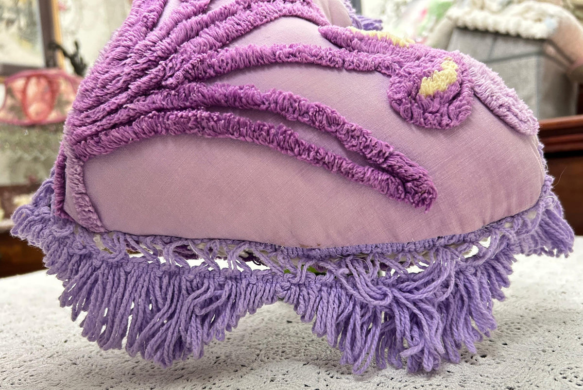 Vintage Heart Chenille Pillow, Shabby Iris Floral Reversible Fringed Design