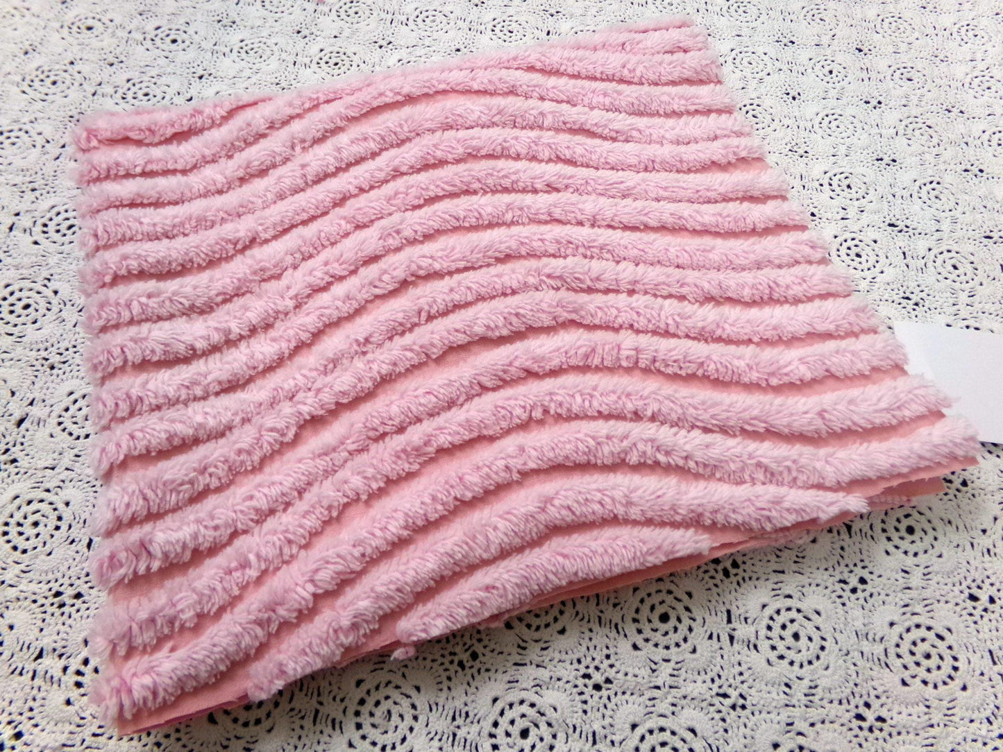 cotton candy pink vintage chenille bedspread fabric ultra plush ripple tufts 19" x 22"