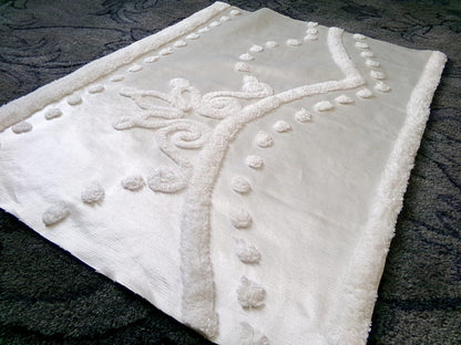 Tufted White Satin Vintage Chenille Bedspread Fabric, Shabby Romantic 19x24"