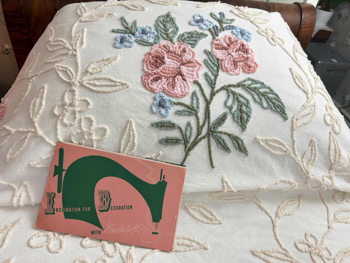 Heirloom Rose Vintage Chenille Bedspread Cream Ivory Vines Cabin Crafts Full Sz
