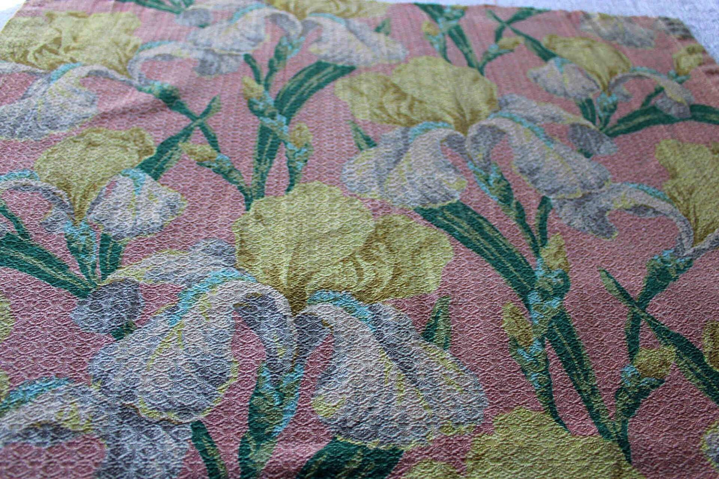 Vintage IRIS Floral Barkcloth Fabric Piece, 29.5" x 23" inches, Mauve Pink Rose & Old Fashioned Yellow Blooms, Deconstructed Curtain Panel