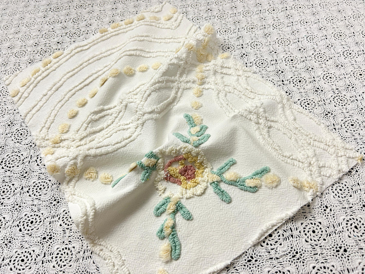 Vintage Rose Chenille Fabric, Cottage Chic 12x18" Cream Floral Sewing Textile