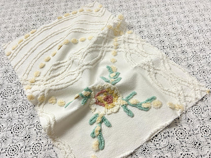Vintage Rose Chenille Fabric, Cottage Chic 12x18" Cream Floral Sewing Textile