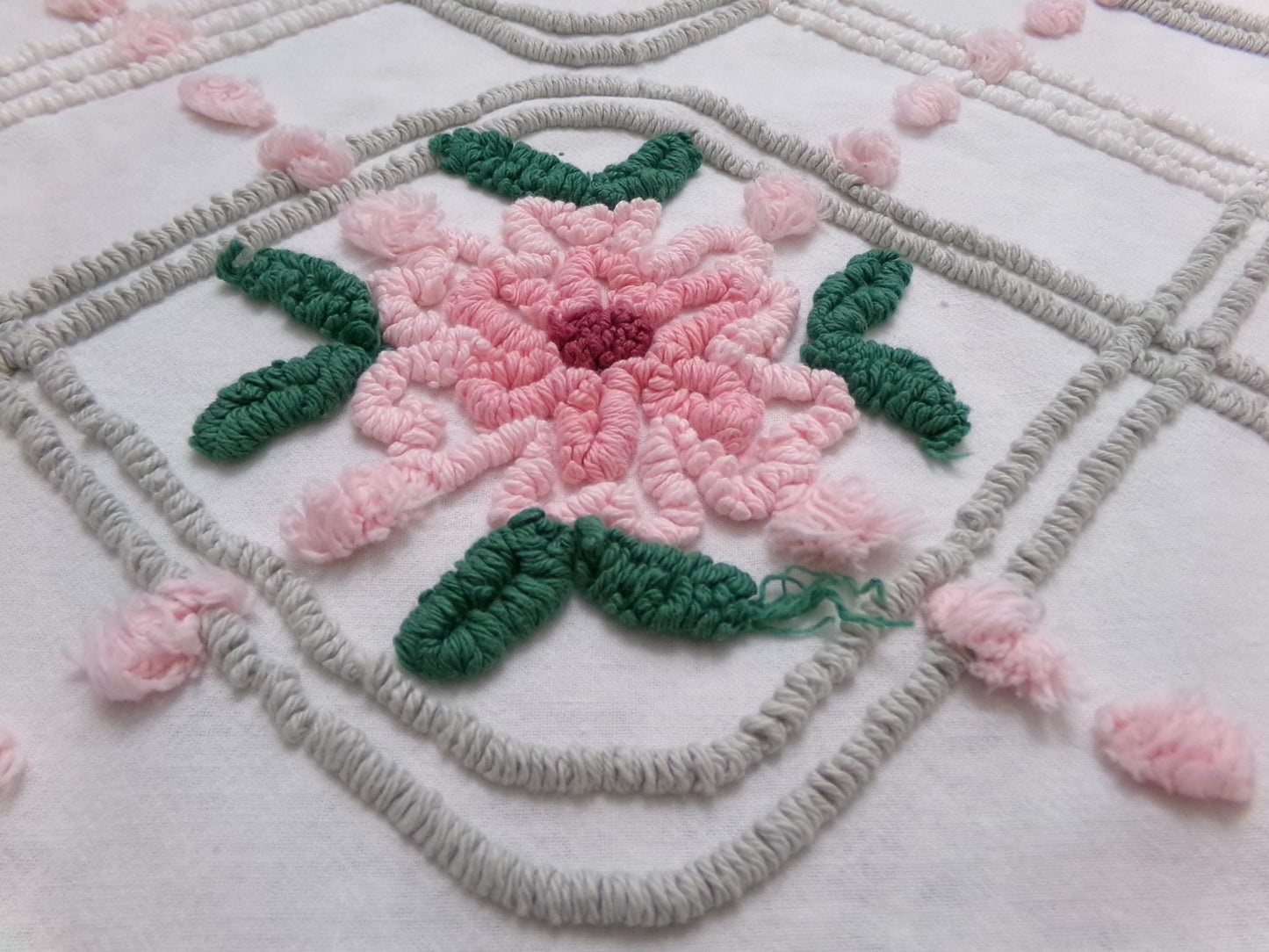 Romantic Rose Vintage Chenille Bedspread Fabric Dove Grey, Pink White Quilt Material 16" x 24"