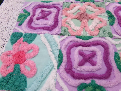 fabulous flowers vintage chenille fabric squares, set of 16 lavender green quilt blocks 6" ea