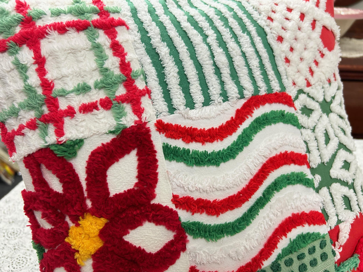 Vintage Christmas Chenille Pillow Cover, 16" Square Reversible Holiday Patchwork Design