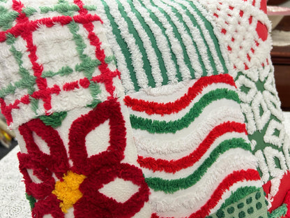 Vintage Christmas Chenille Pillow Cover, 16" Square Reversible Holiday Patchwork Design