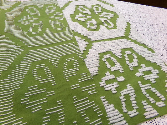 Boho Vintage Chenille Bedspread Fabric, 70s Green White Daisy 19x26" Lightweight Pc