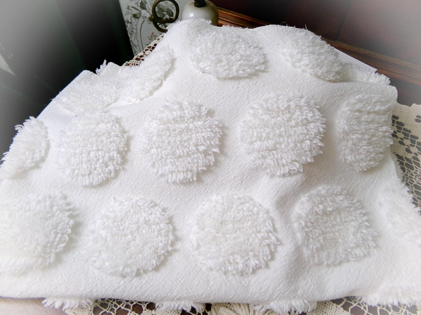 Marshmallow Puffs White Chenille Fabric Vintage Style Giant Dots 18x24"