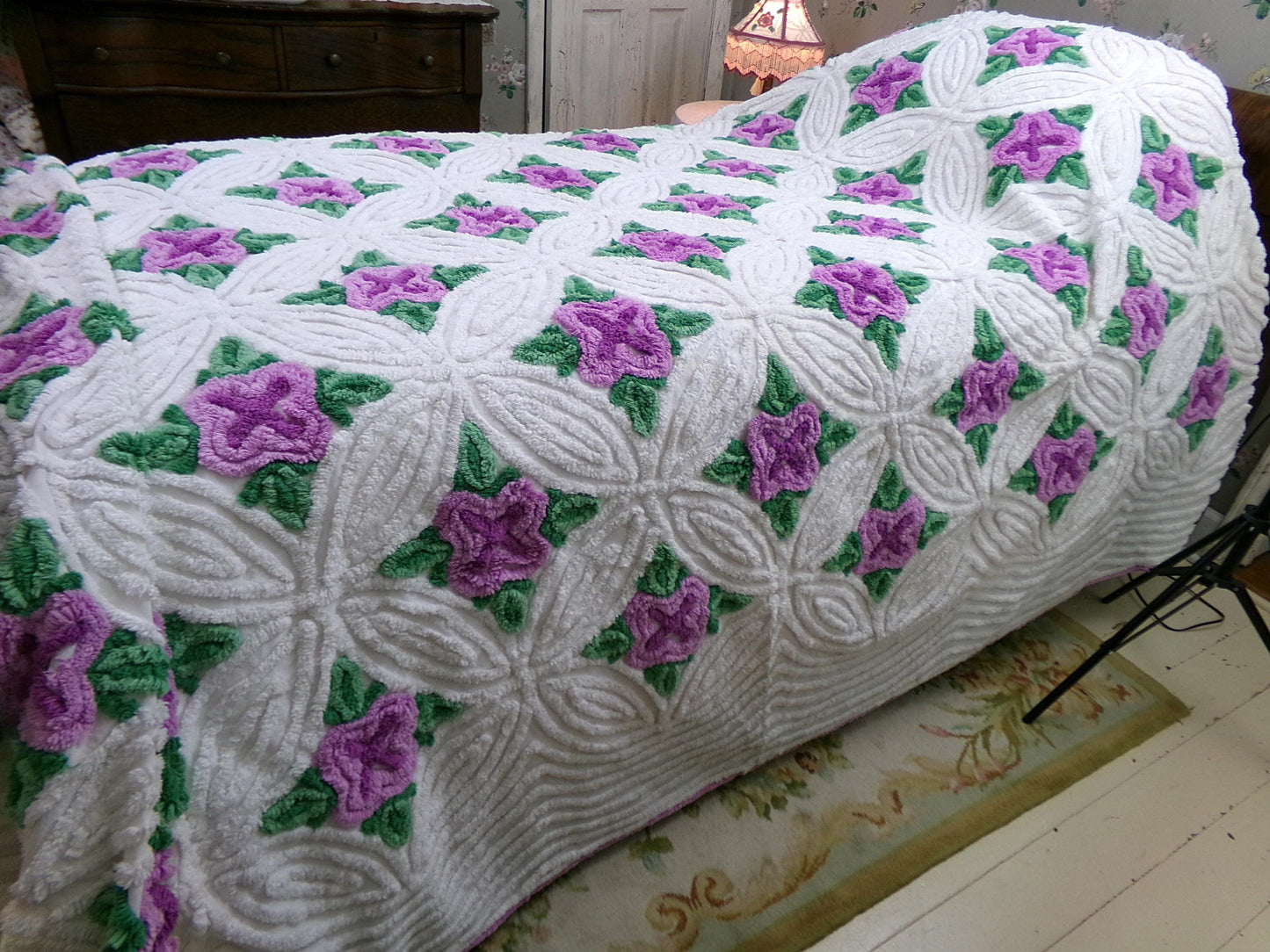 Lavender Cabbage Rose Blooms 1940s White Cotton Chenille Bedspread, FULL Size