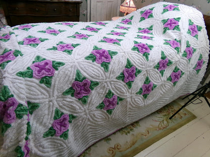 Lavender Cabbage Rose Blooms 1940s White Cotton Chenille Bedspread, FULL Size