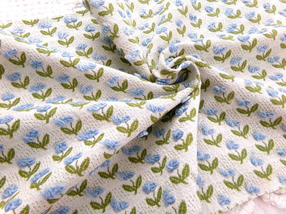 Tulip Garden Vintage Chenille Bedspread Fabric, Little Blue Flowers & Green Leaves, 12" x 24" inch Piece, Sewing Material for Quilts, Crafts