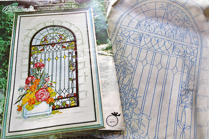 STAINED GLASS WINDOW Vintage Crewel Stitchery Kit, Paragon Needlecraft 0515, Design by Georgia Ball